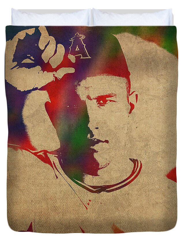 Mike Trout Duvet Cover featuring the mixed media Mike Trout Watercolor Portrait by Design Turnpike