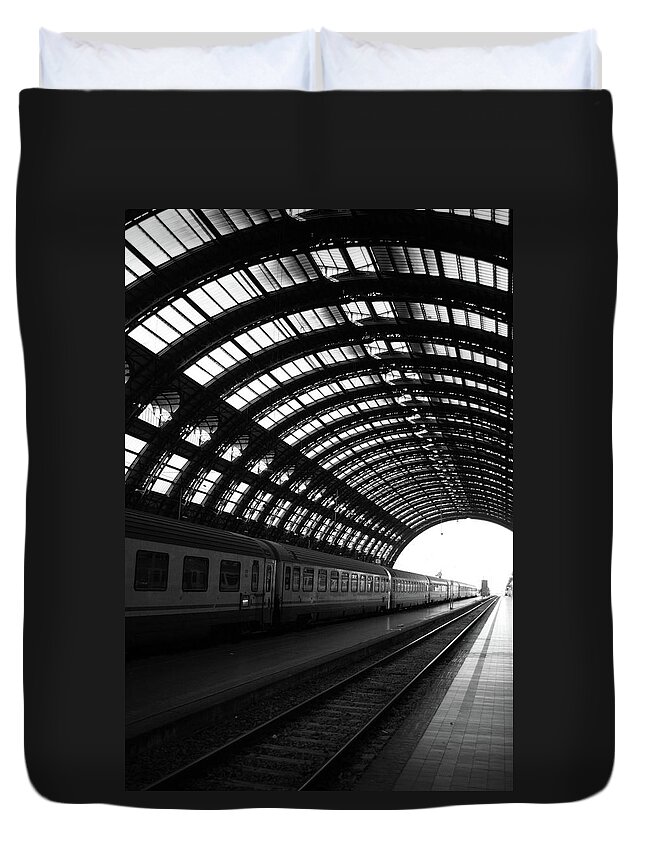 Arch Duvet Cover featuring the photograph Milan Central Train Station With by Anzeletti