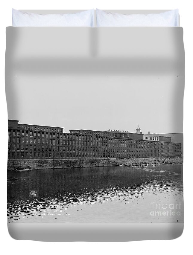 Detroit Publishing Co. Duvet Cover featuring the photograph Mills On The Merrimack River, Lowell, Massachusetts, C.1908 (b/w Photo) by Detroit Publishing Co