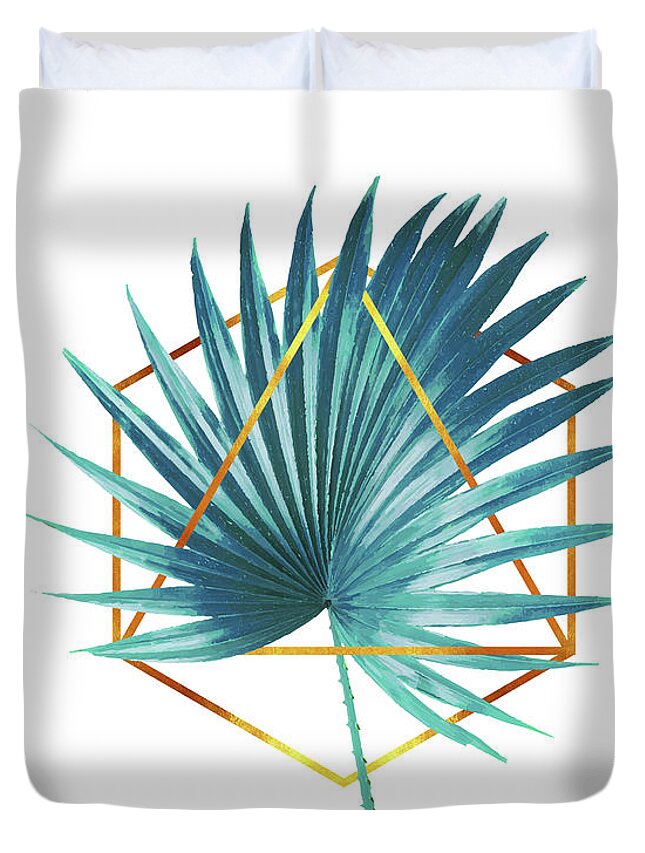 Tropical Palm Leaf Duvet Cover featuring the mixed media Minimal Tropical Palm Leaf - Palm and Gold - Gold Geometric Shape - Modern Tropical Wall Art - Blue by Studio Grafiikka