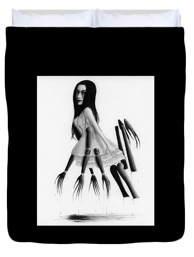 Horror Duvet Cover featuring the drawing Misaki - Artwork by Ryan Nieves