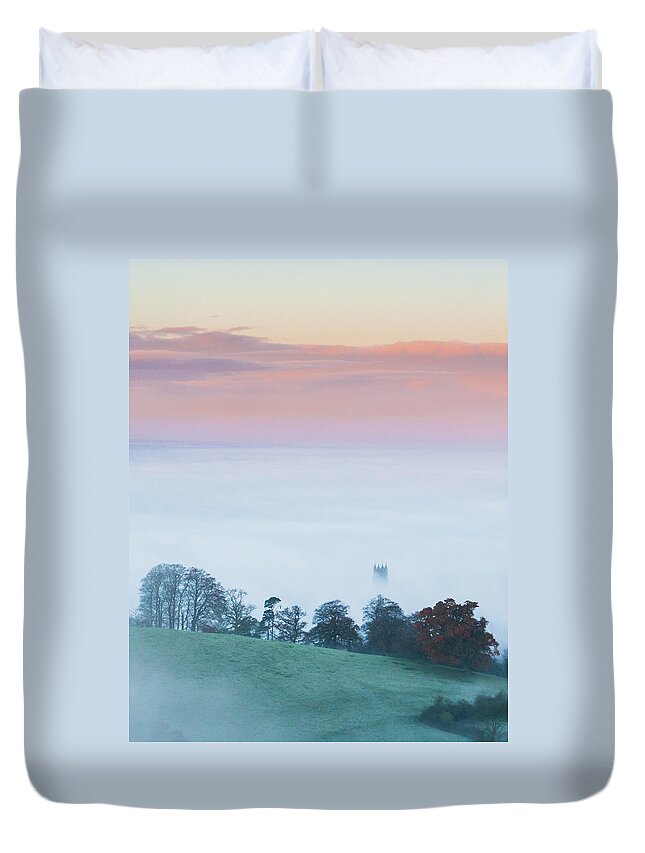 Scenics Duvet Cover featuring the photograph Misty Glastonbury Church by Milsters Images
