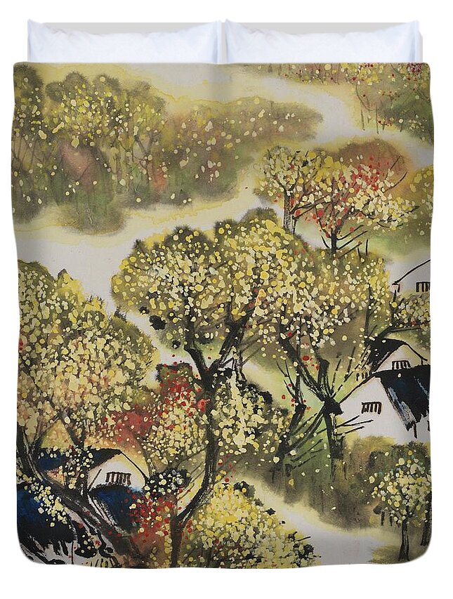 Chinese Watercolor Duvet Cover featuring the painting Misty Morning by Jenny Sanders