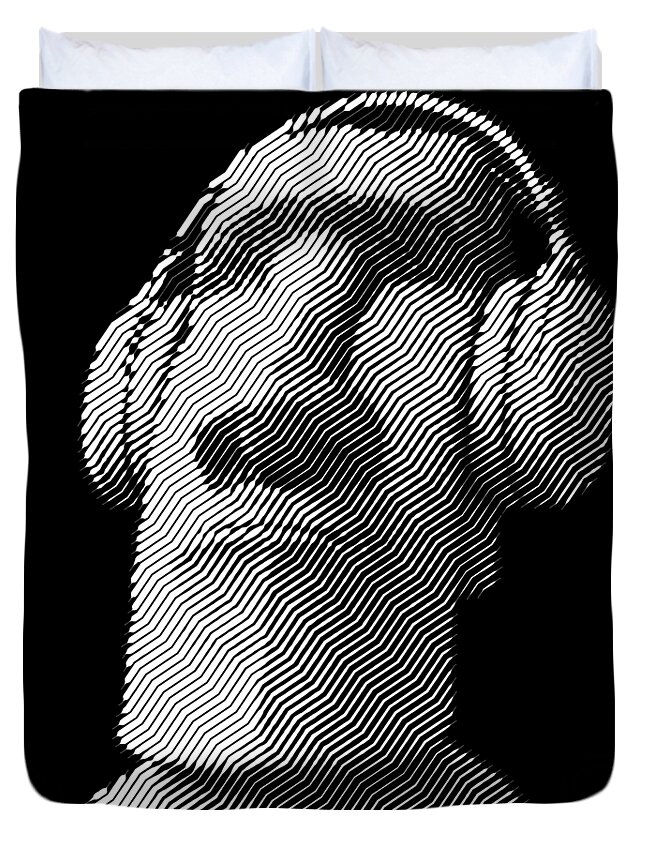 Headphones Duvet Cover featuring the digital art Moai wearing headphones by Cu Biz
