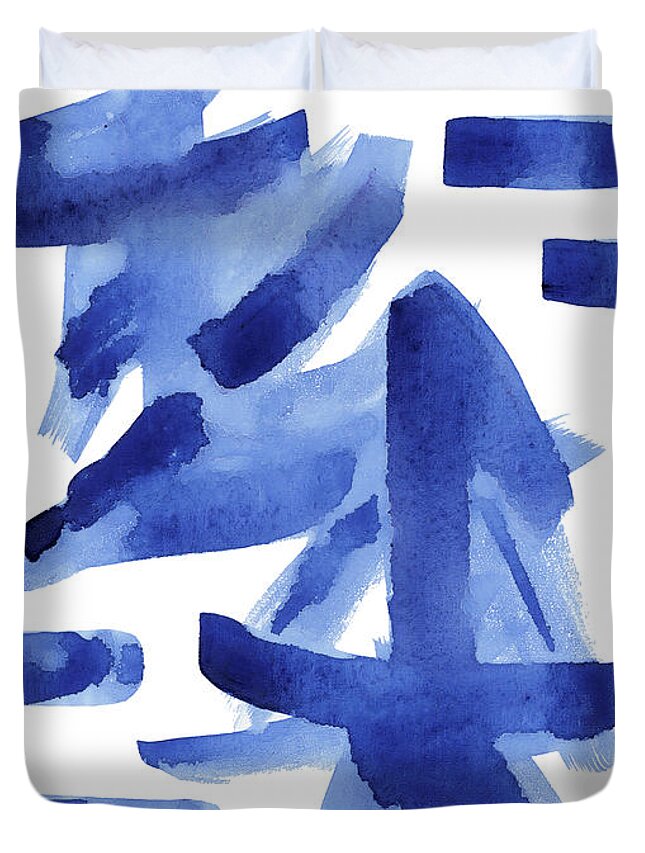 Asian Duvet Cover featuring the painting Modern Asian Inspired Abstract Blue and White by Audrey Jeanne Roberts