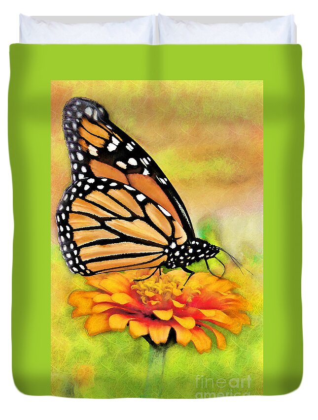Butterfly Duvet Cover featuring the digital art Monarch Butterfly On Flower by Jeff Breiman