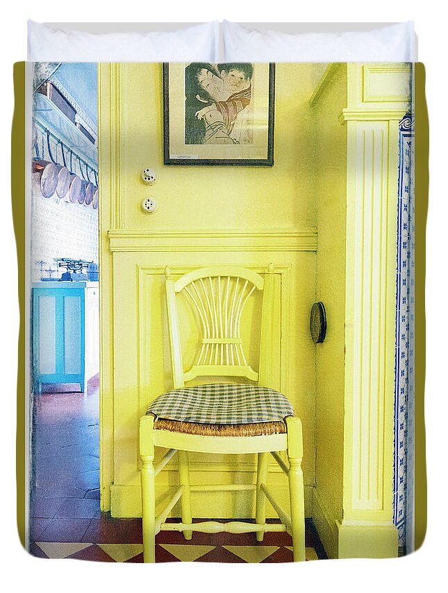 France Duvet Cover featuring the photograph Monet's Kitchen Yellow Chair by Craig J Satterlee