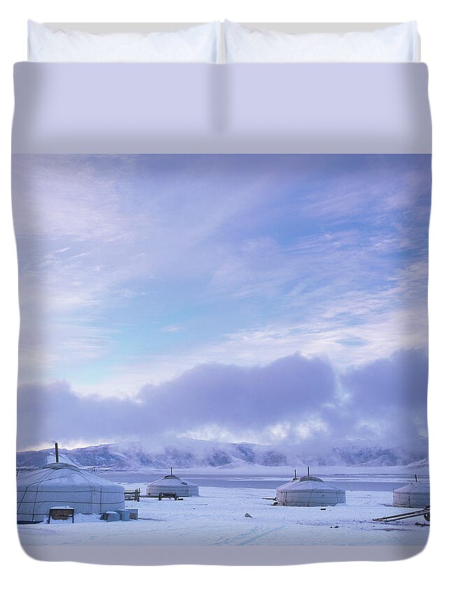 Mongolian Culture Duvet Cover featuring the photograph Mongolia, Gers By White Lake by Peter Adams