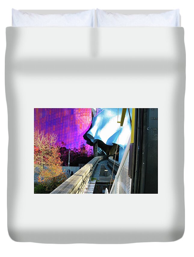 Seattle Duvet Cover featuring the photograph Monorail and EMP, Seattle by Segura Shaw Photography