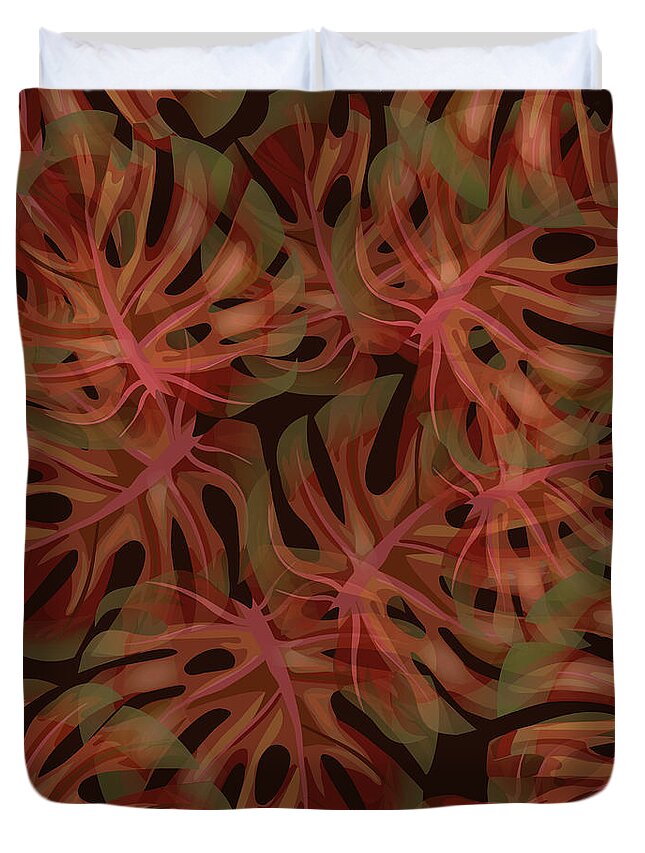 Monstera Duvet Cover featuring the mixed media Monstera Leaf Pattern 4 - Tropical Leaf Pattern - Red, Brown - Tropical, Botanical Pattern Design by Studio Grafiikka