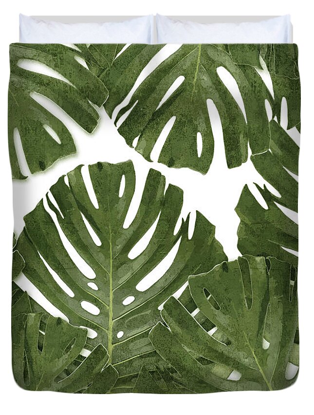 Monstera Duvet Cover featuring the mixed media Monstera Leaf Pattern - Green - Tropical, Botanical design - Modern, Minimal Decor by Studio Grafiikka