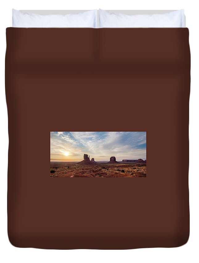 Sunset Duvet Cover featuring the photograph Monument Valley Sunrise by Mati Krimerman