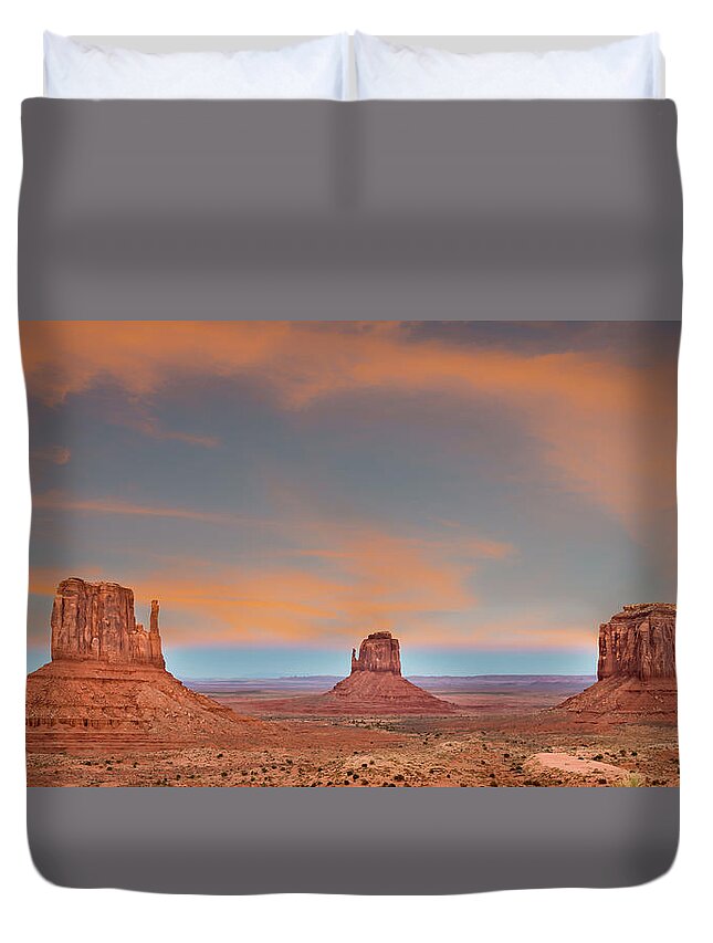Mittens Duvet Cover featuring the photograph Monument Valley Sunrise Panorama 1401 by Kenneth Johnson