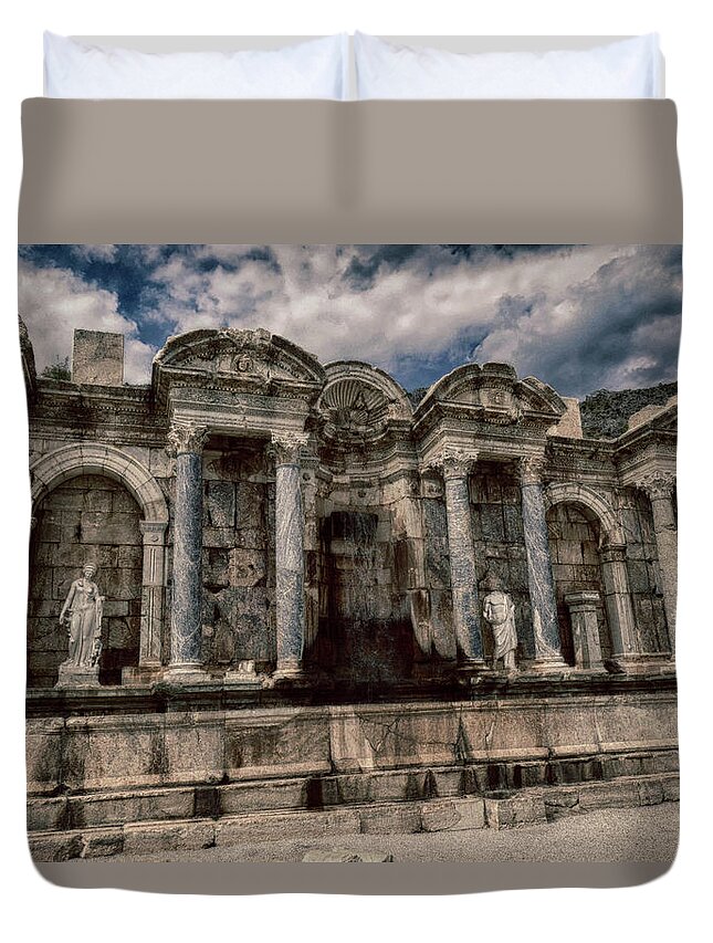 Monumental Duvet Cover featuring the photograph Monumental fountain and statues at Sagalassos by Steve Estvanik