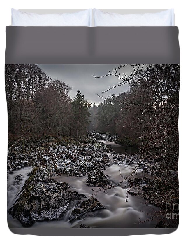 Landscape Duvet Cover featuring the photograph Moody Falls of Feugh by SJ Elliott Photography