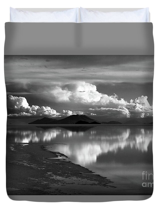 Salar De Uyuni Duvet Cover featuring the photograph Moody Monochrome Skies Over Salar de Uyuni Bolivia by James Brunker