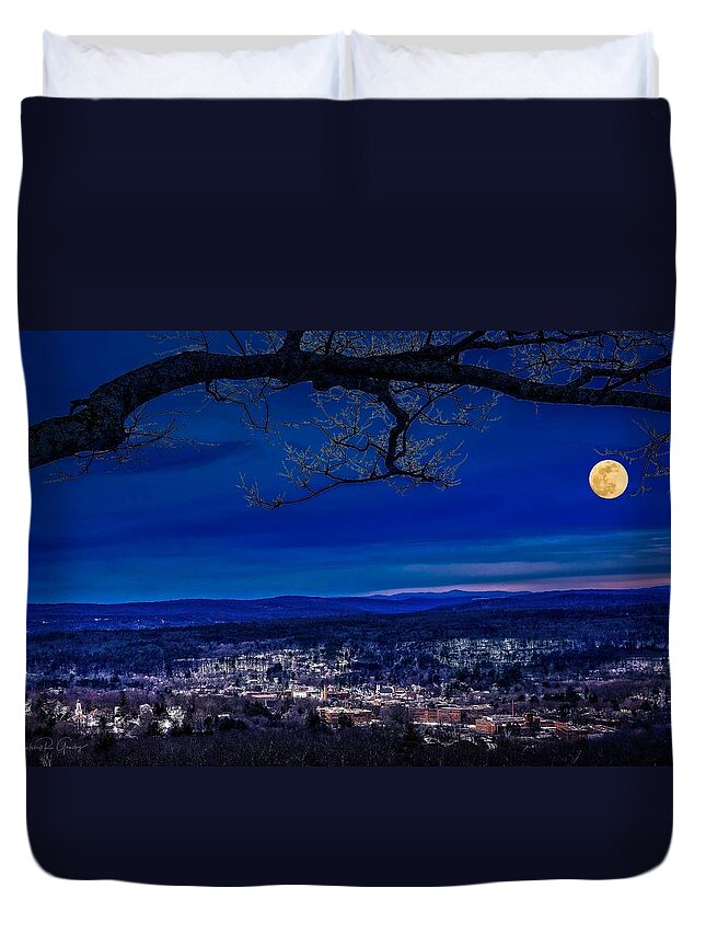 Tully Pond Duvet Cover featuring the photograph Moon Over Athol, Massachusetts by Mitchell R Grosky