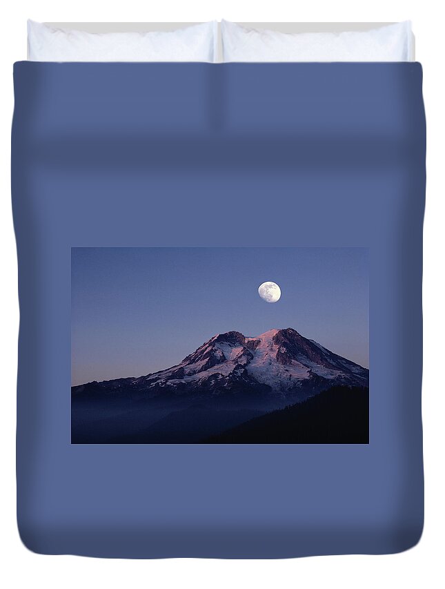 Scenics Duvet Cover featuring the photograph Moon Over Mount Rainier - Washington by Bruce Heinemann