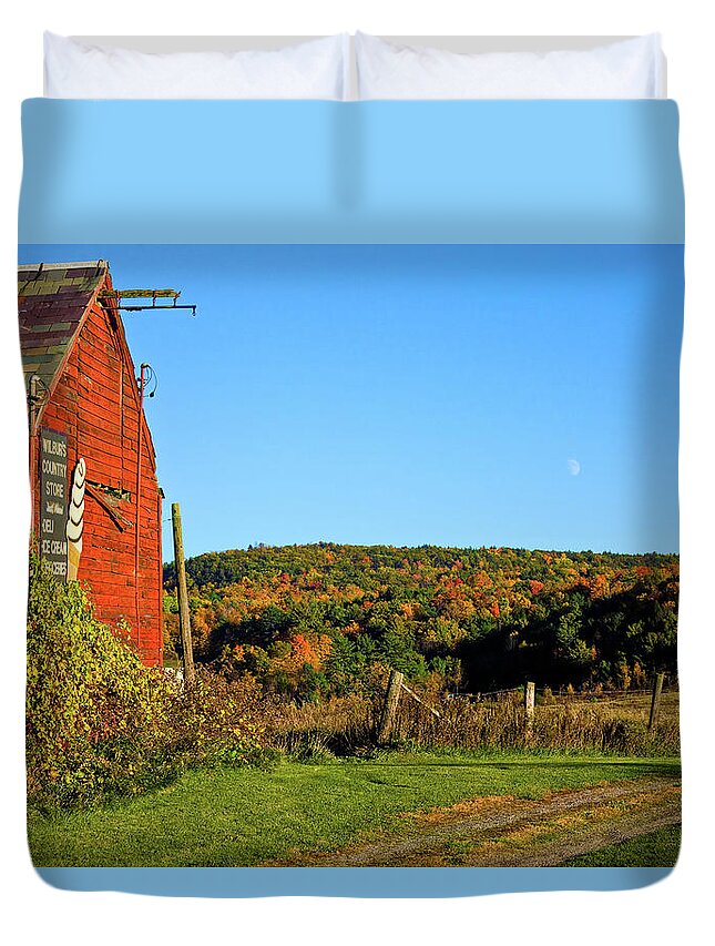 Vermont Red Barn Duvet Cover featuring the photograph Moon rise over Vermont foliage on the farm by Jeff Folger
