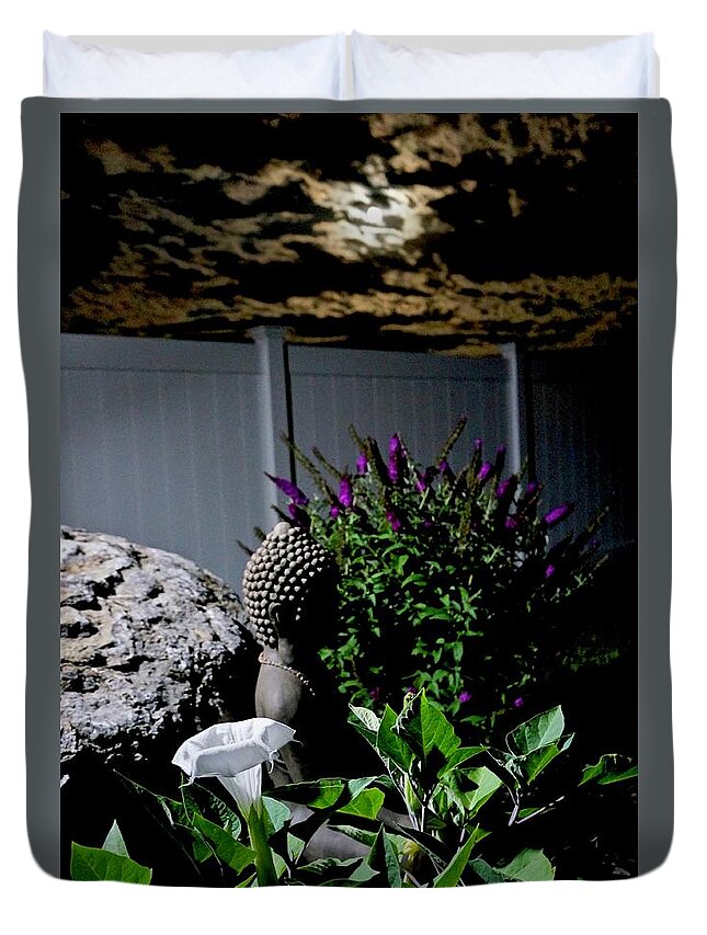 Moonflower Duvet Cover featuring the photograph Moonflower Buddha Moon by Kathy Chism