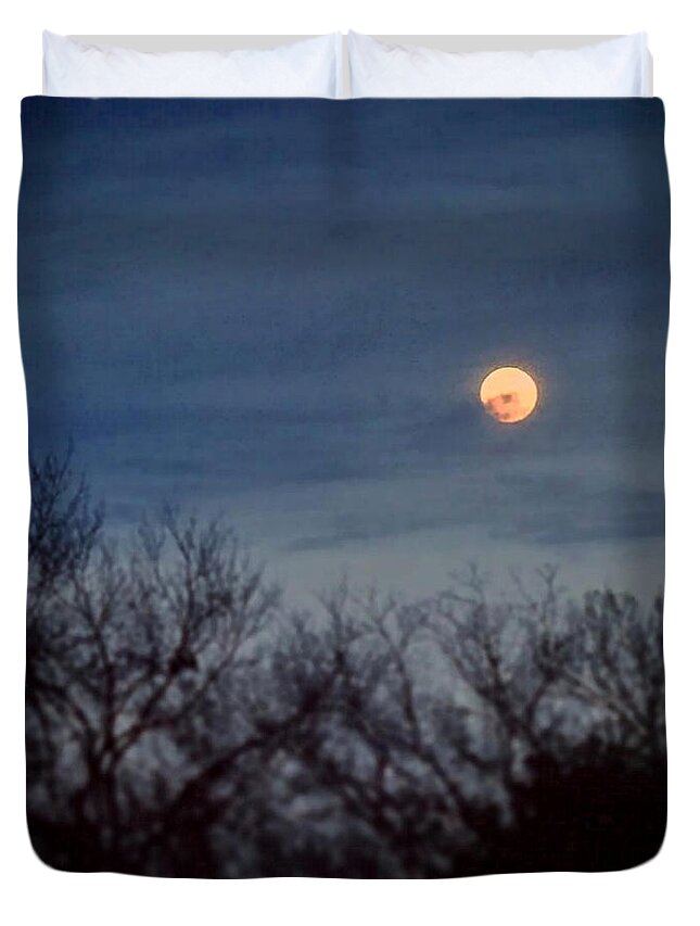 Daniel Duvet Cover featuring the painting Moonrise and Trees by Daniel Nelson