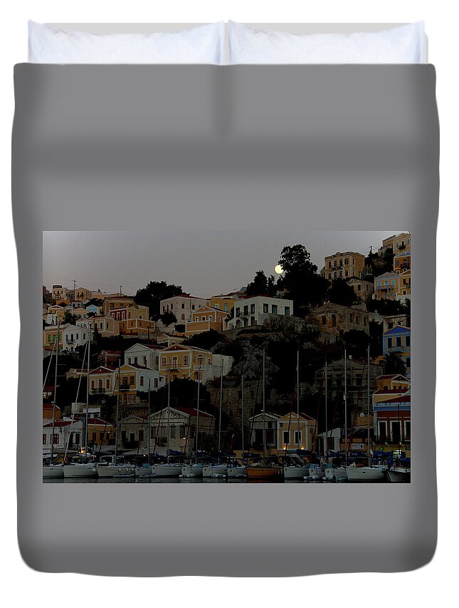 Greece Duvet Cover featuring the photograph Moonrise over Symi by Jonathan Thompson