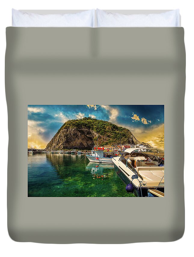 Boats Duvet Cover featuring the photograph Moored Boats Under Promontory by Vivida Photo PC