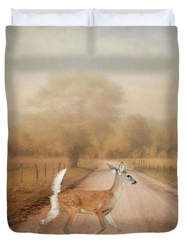 Deer Duvet Cover featuring the photograph Morning Crossing by Jai Johnson