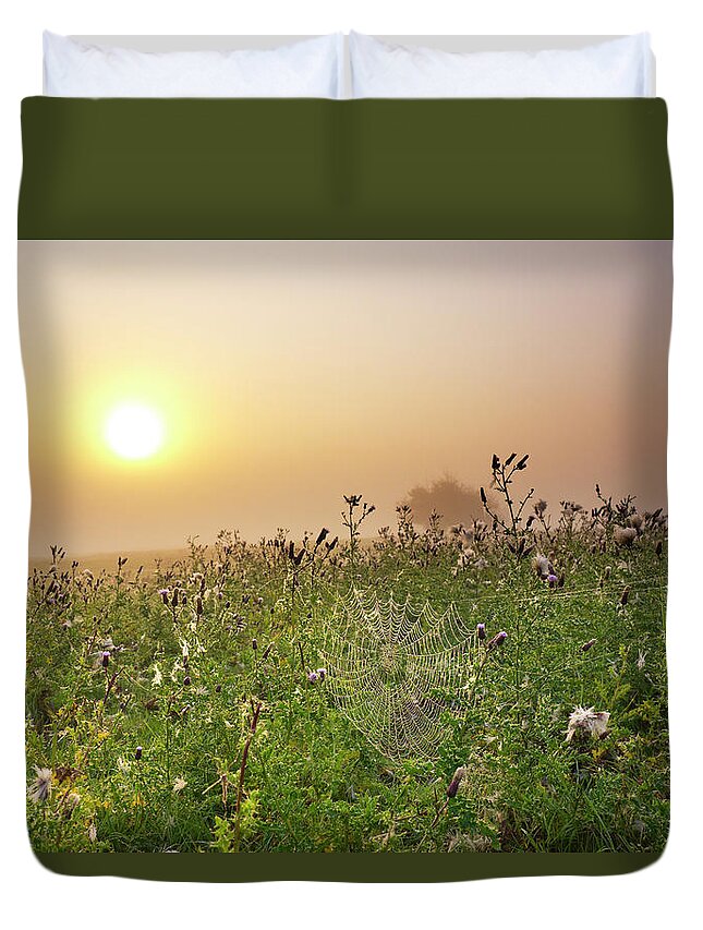 Grass Duvet Cover featuring the photograph Morning Dew On Spiders Cobweb by Travelpix Ltd