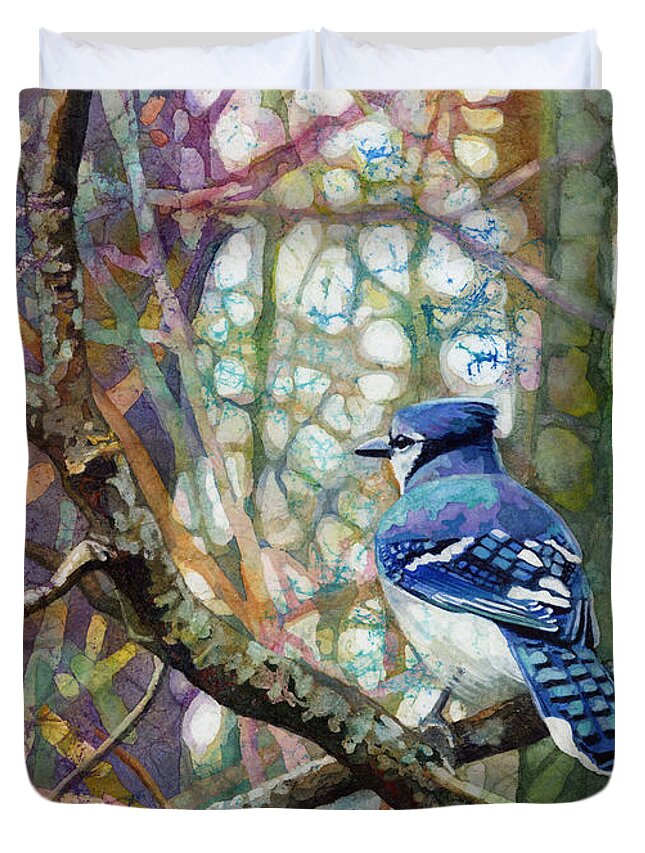 Blue Jay Duvet Cover featuring the painting Morning Forest by Hailey E Herrera