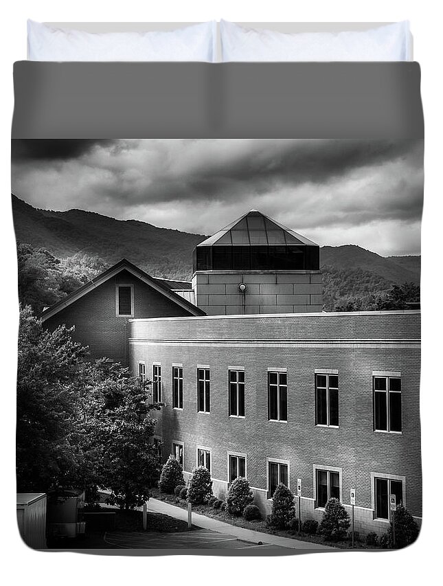 Western North Carolina Mountains Duvet Cover featuring the photograph Morning Light At Western Carolina University In Black and White by Greg and Chrystal Mimbs