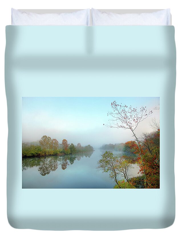 Scenics Duvet Cover featuring the photograph Morning Mist On The James River In by Denistangneyjr