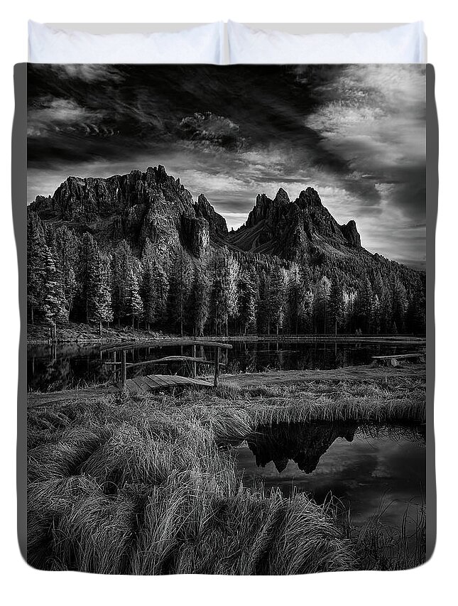  Black And White Duvet Cover featuring the photograph Morning Sky in the Dolomites by Jon Glaser