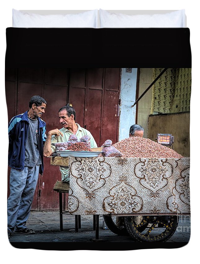 Morocco Duvet Cover featuring the photograph Moroccan Selling Nuts Streets of Fes by Chuck Kuhn