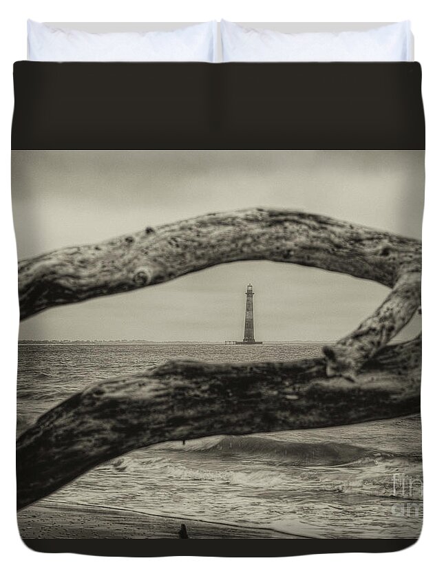 Morris Island Lighthouse Duvet Cover featuring the photograph Morris Island Lighthouse - Deadwood View in Sepia by Dale Powell