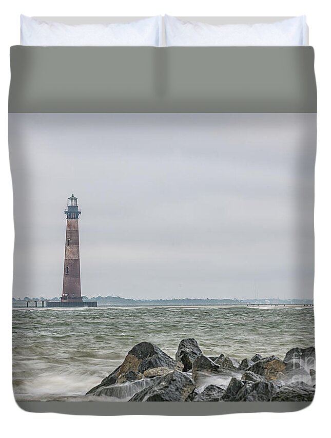 Morris Island Lighthouse Duvet Cover featuring the photograph Morris Island Lighthouse - Stay off the Rocks by Dale Powell