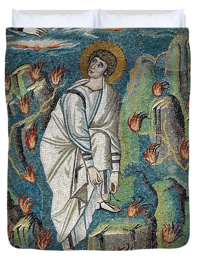 Moses Duvet Cover featuring the painting Mosaic of Moses loosening sandal on Mt. Horeb or Sinai at God's command from burning bush in Basi... by Album