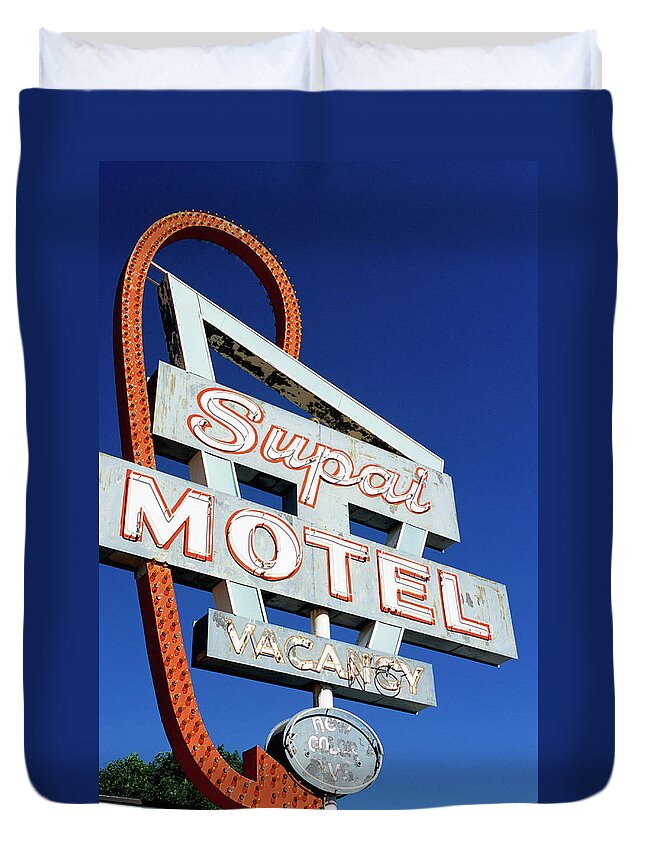 Shadow Duvet Cover featuring the photograph Motel Sign In Midwest, United States Of by Oliver Strewe