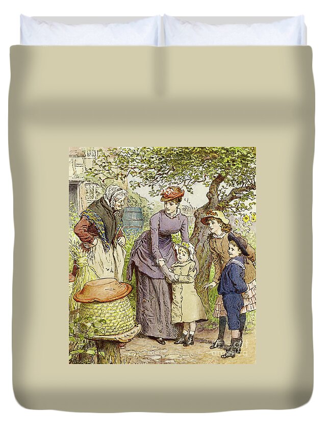 Victorian Duvet Cover featuring the painting Mother and Children by a Beehive by Robert Barnes