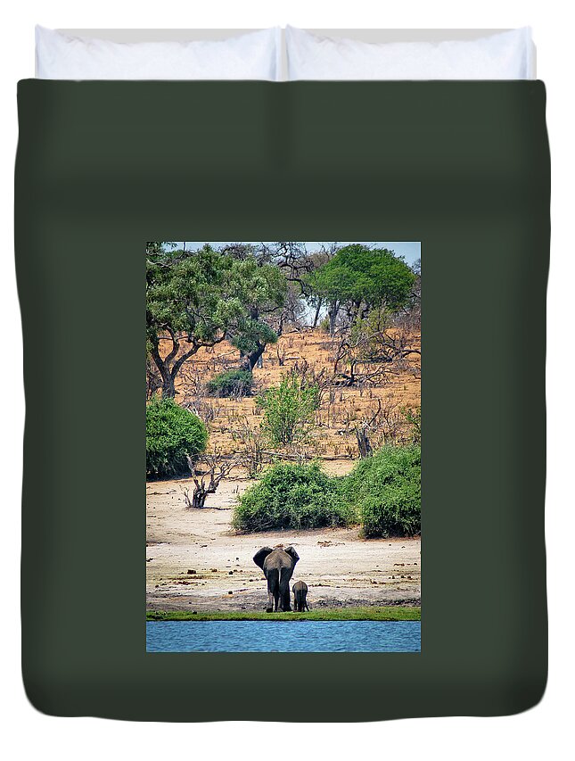 Botswana Duvet Cover featuring the photograph Mother Elephant With Calf by Tara Moayed
