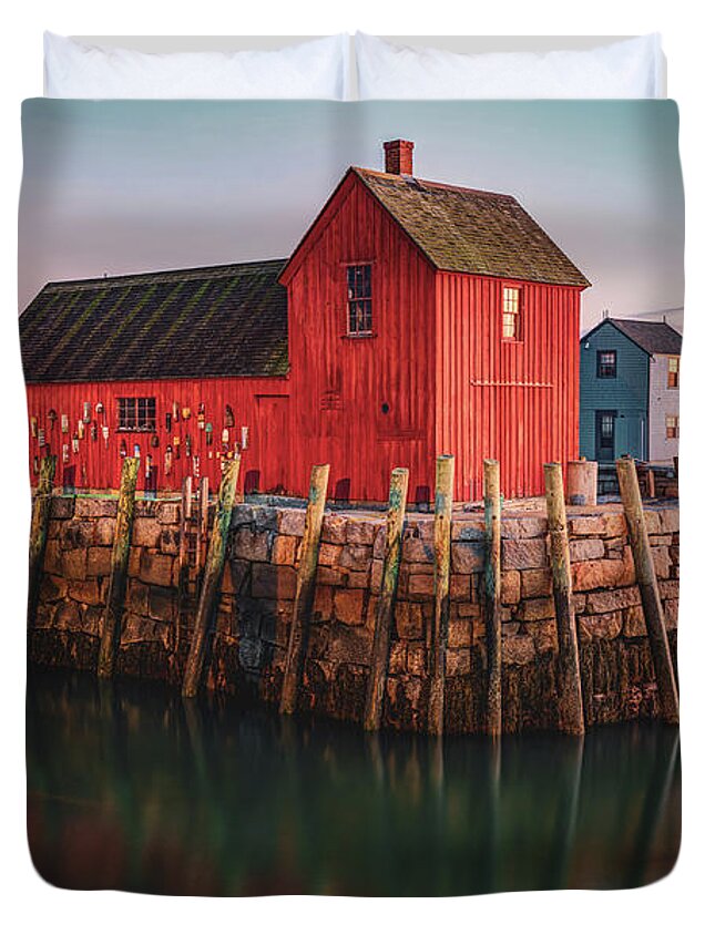 Motif 1 Duvet Cover featuring the photograph Motif #1 Fishing Shack - Rockport Massachusetts at Sunrise by Gregory Ballos