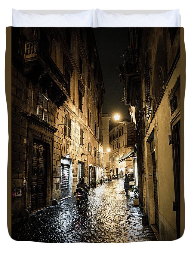 Italy Duvet Cover featuring the photograph Motorbike in Narrow Street at Night in Rome in Italy by Andreas Berthold