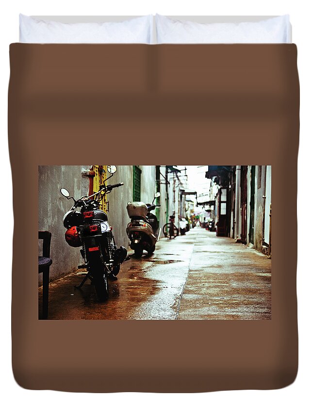 Macao Duvet Cover featuring the photograph Motorbikes In Alley by Flash Parker