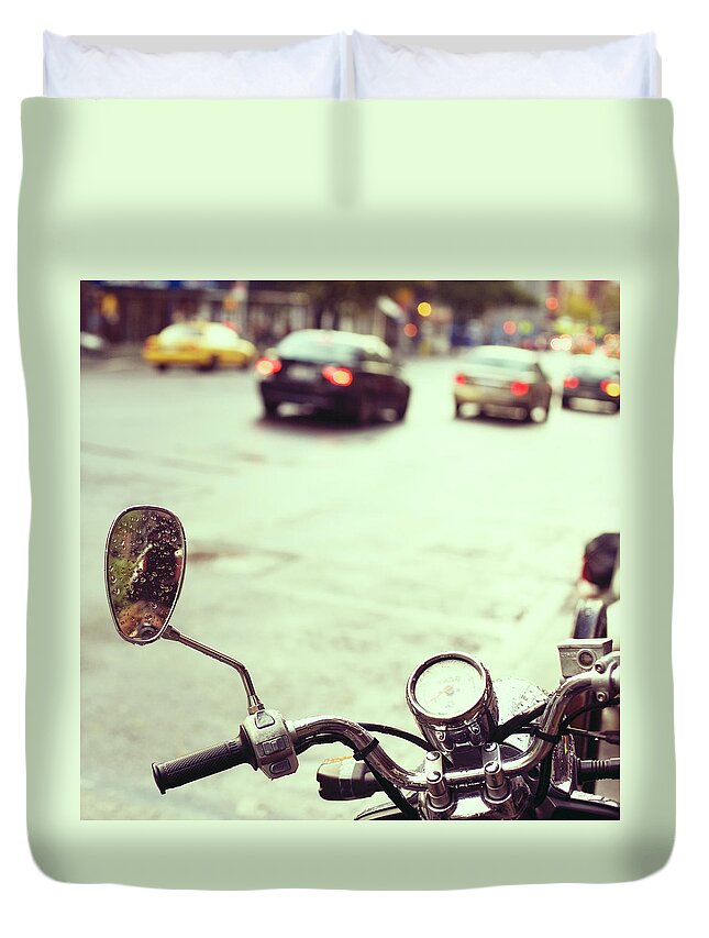 Handle Duvet Cover featuring the photograph Motorcycle In Rain by Copyright Anna Nemoy(xaomena)