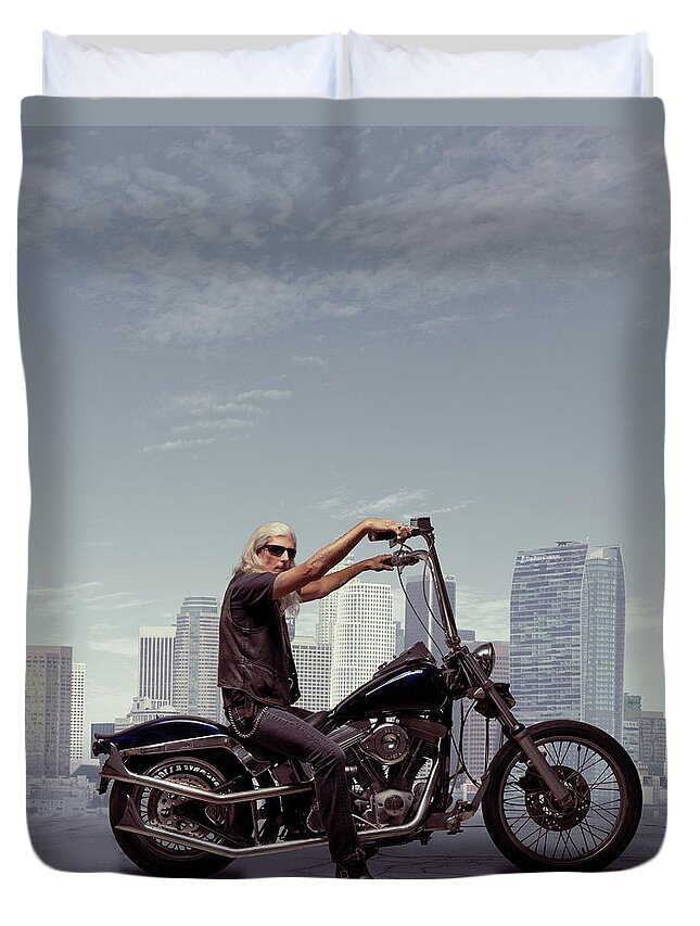 Mature Adult Duvet Cover featuring the photograph Motorcycle Rider With City Background by Ed Freeman