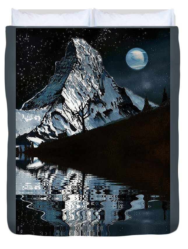 Mountain Duvet Cover featuring the drawing Mountain at night by Bill Richards