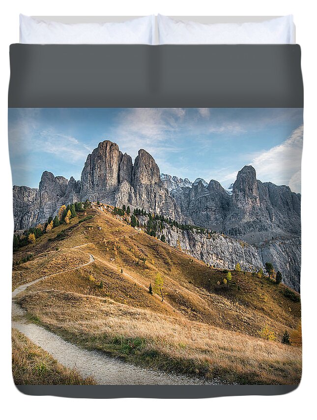 Dolomites Duvet Cover featuring the photograph Mountain landscape of the picturesque Dolomites at Passo Gardena by Michalakis Ppalis
