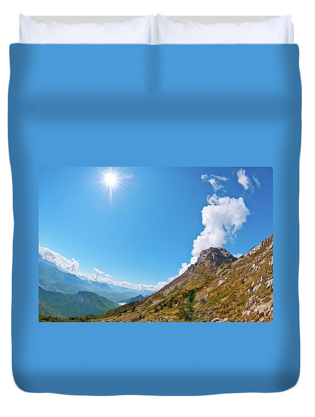 Scenics Duvet Cover featuring the photograph Mountain Landscape With Sun by Mmac72