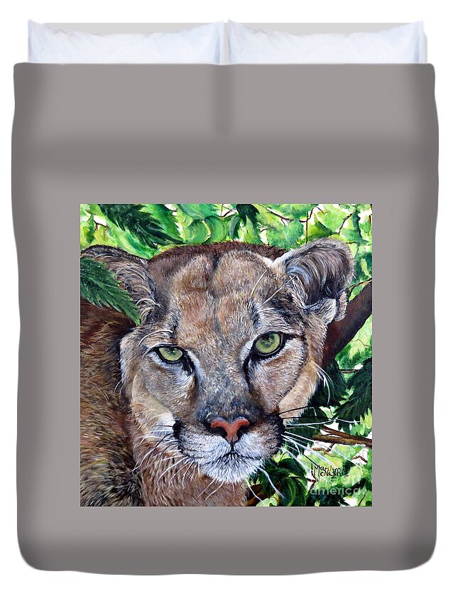 Mountain Lion Duvet Cover featuring the painting Mountain Lion Portrait by Marilyn McNish