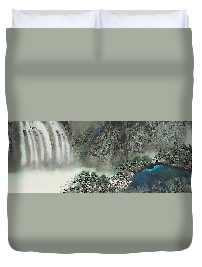 Chinese Watercolor Duvet Cover featuring the painting Mountain Retreat by Jenny Sanders